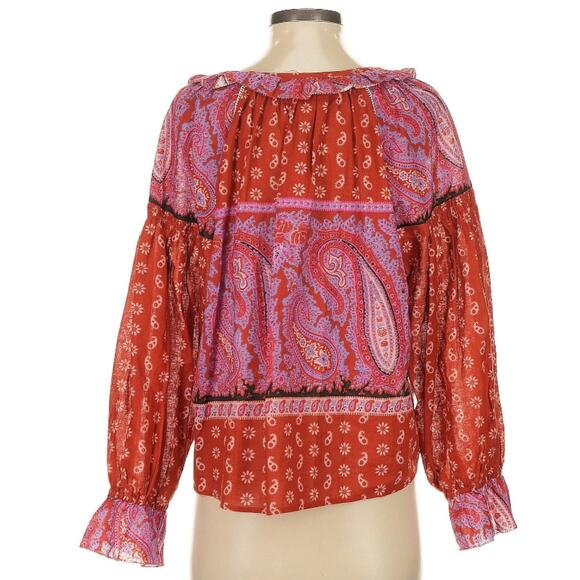 Boteh Kaleido Ruby Red Ruffle Smock Linen Cotton Peasant Blouse 1 S $235 - Picture 5 of 11